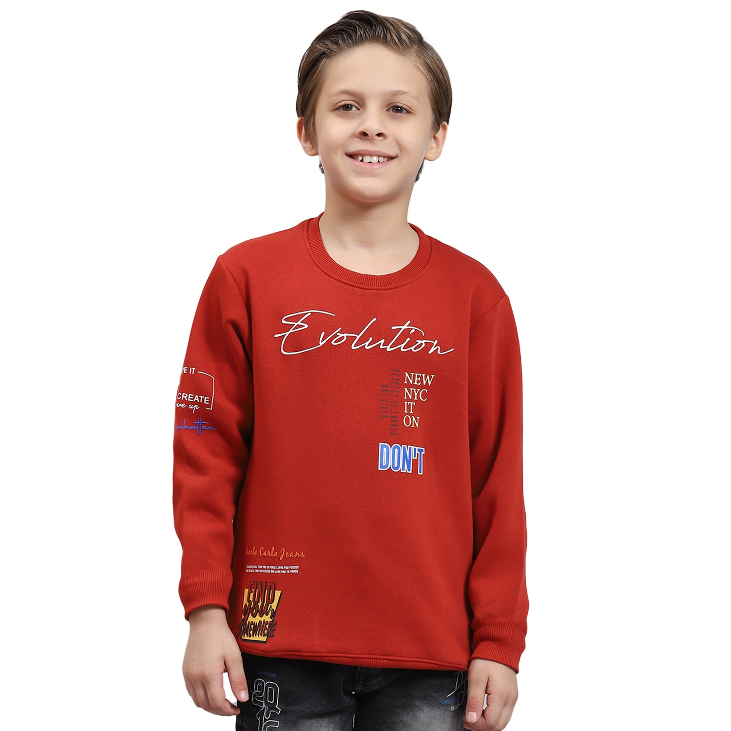 Boys Rust Printed Round Neck Full Sleeve Sweatshirt