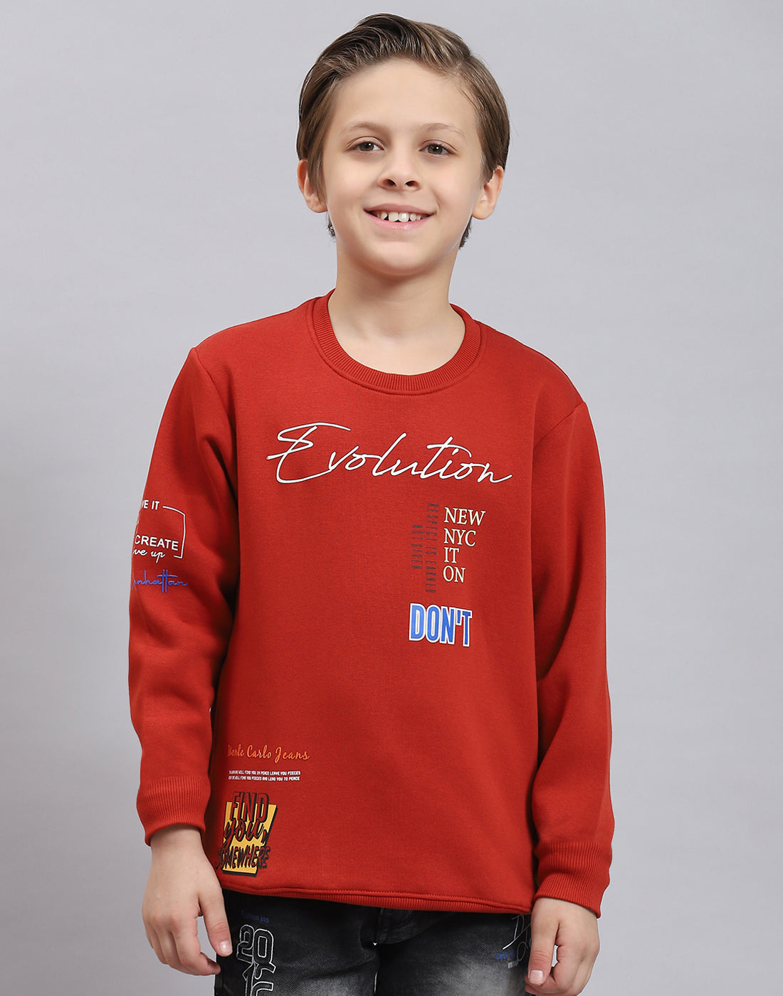 Boys Rust Printed Round Neck Full Sleeve Sweatshirt