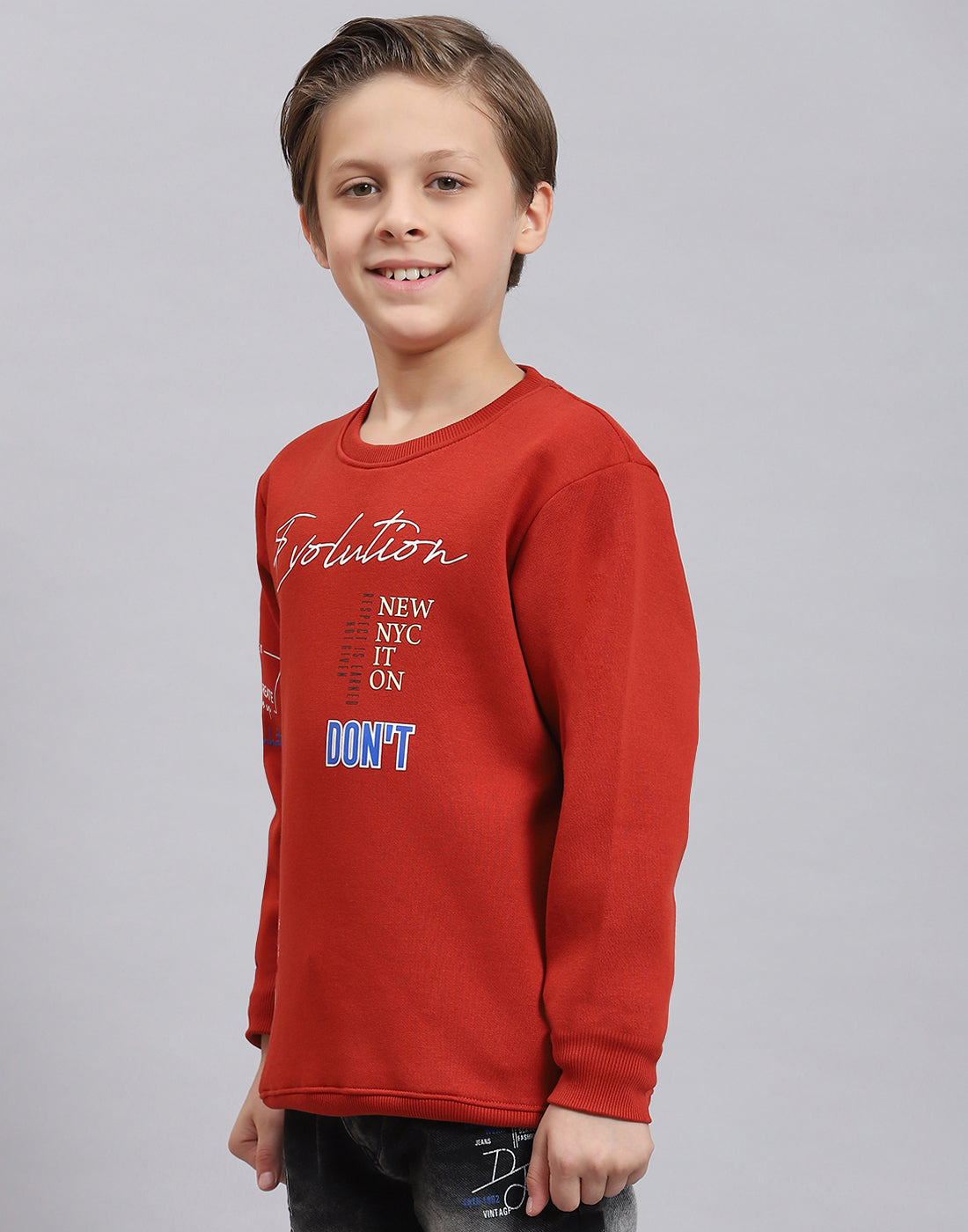 Boys Rust Printed Round Neck Full Sleeve Sweatshirt