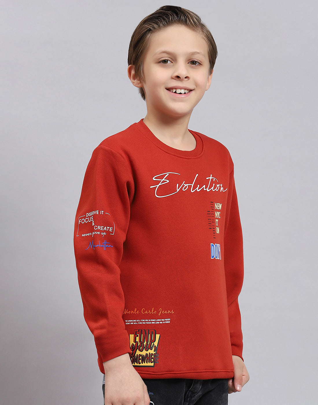 Boys Rust Printed Round Neck Full Sleeve Sweatshirt