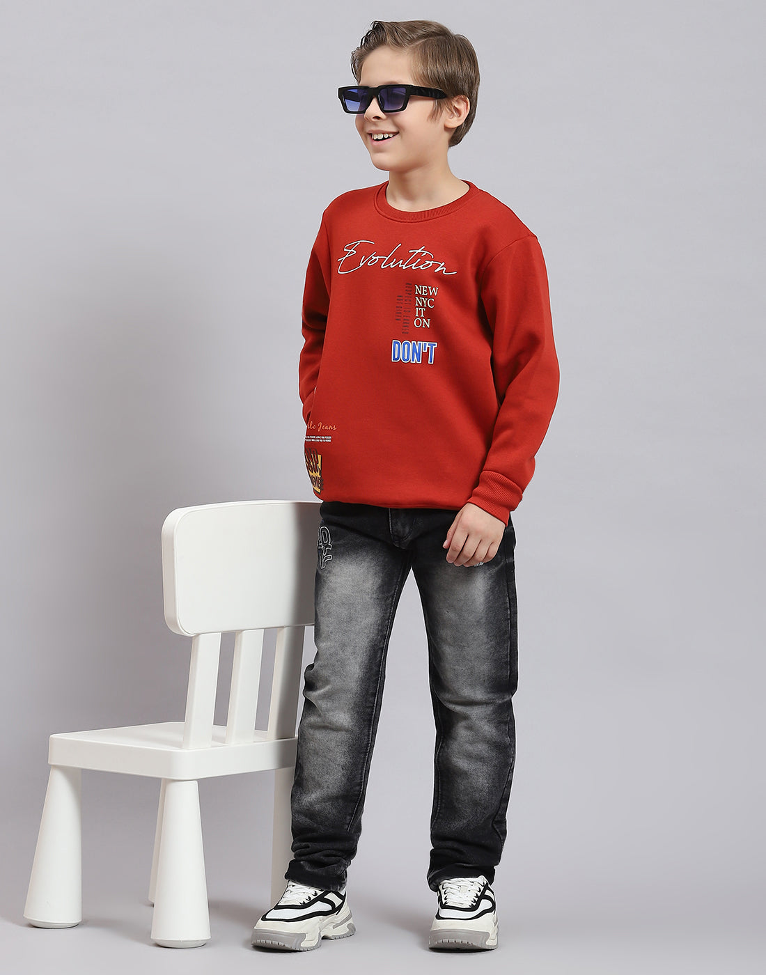 Boys Rust Printed Round Neck Full Sleeve Sweatshirt
