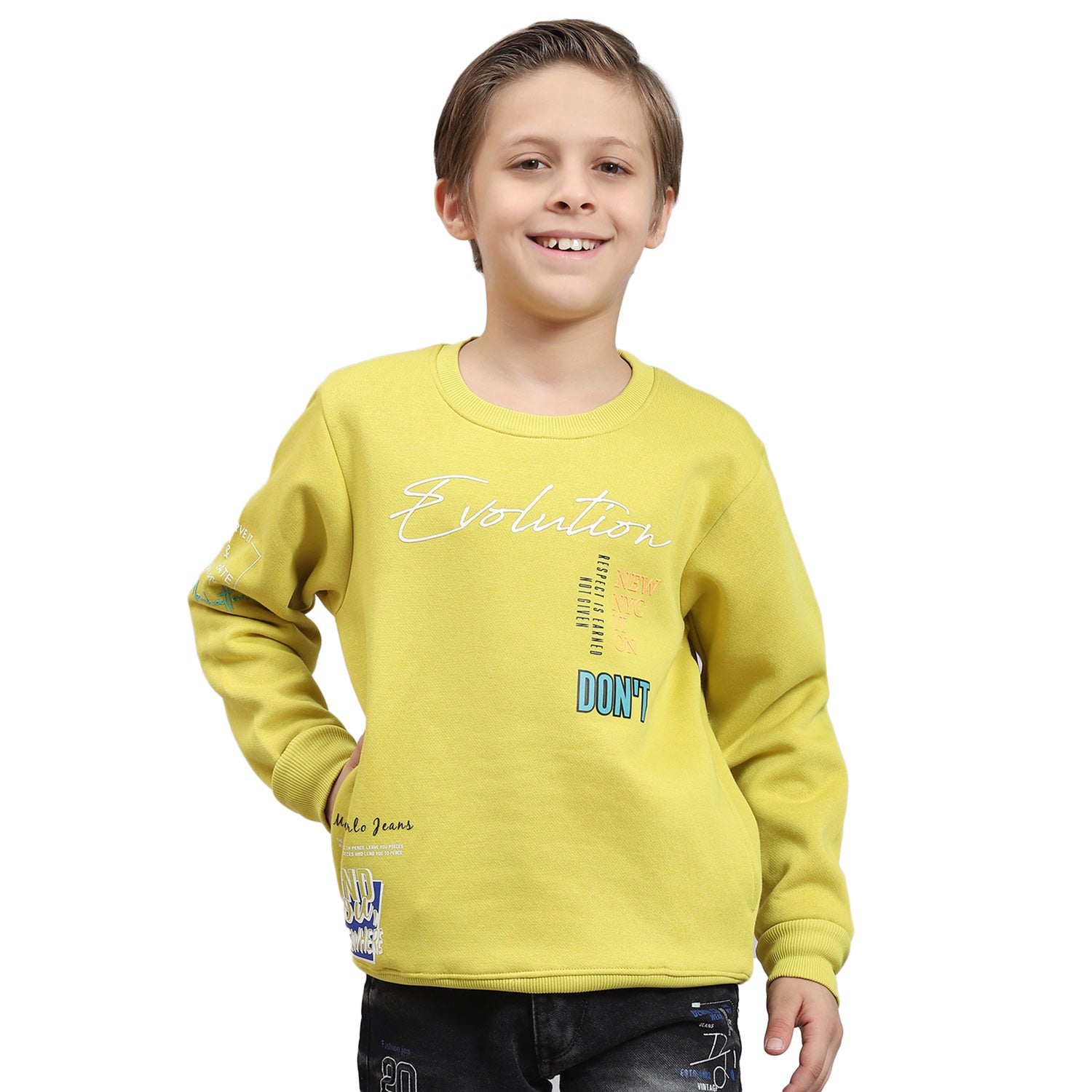 Boys Yellow Printed Round Neck Full Sleeve Sweatshirt