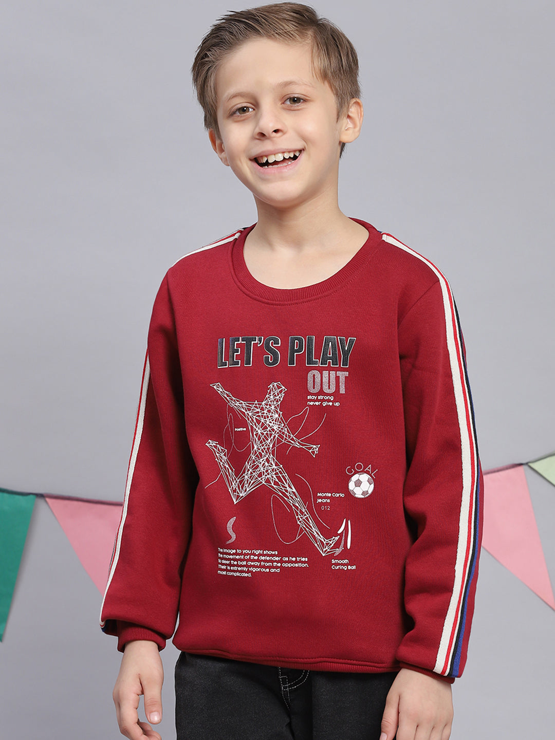 Boys Maroon Printed Round Neck Full Sleeve Sweatshirt
