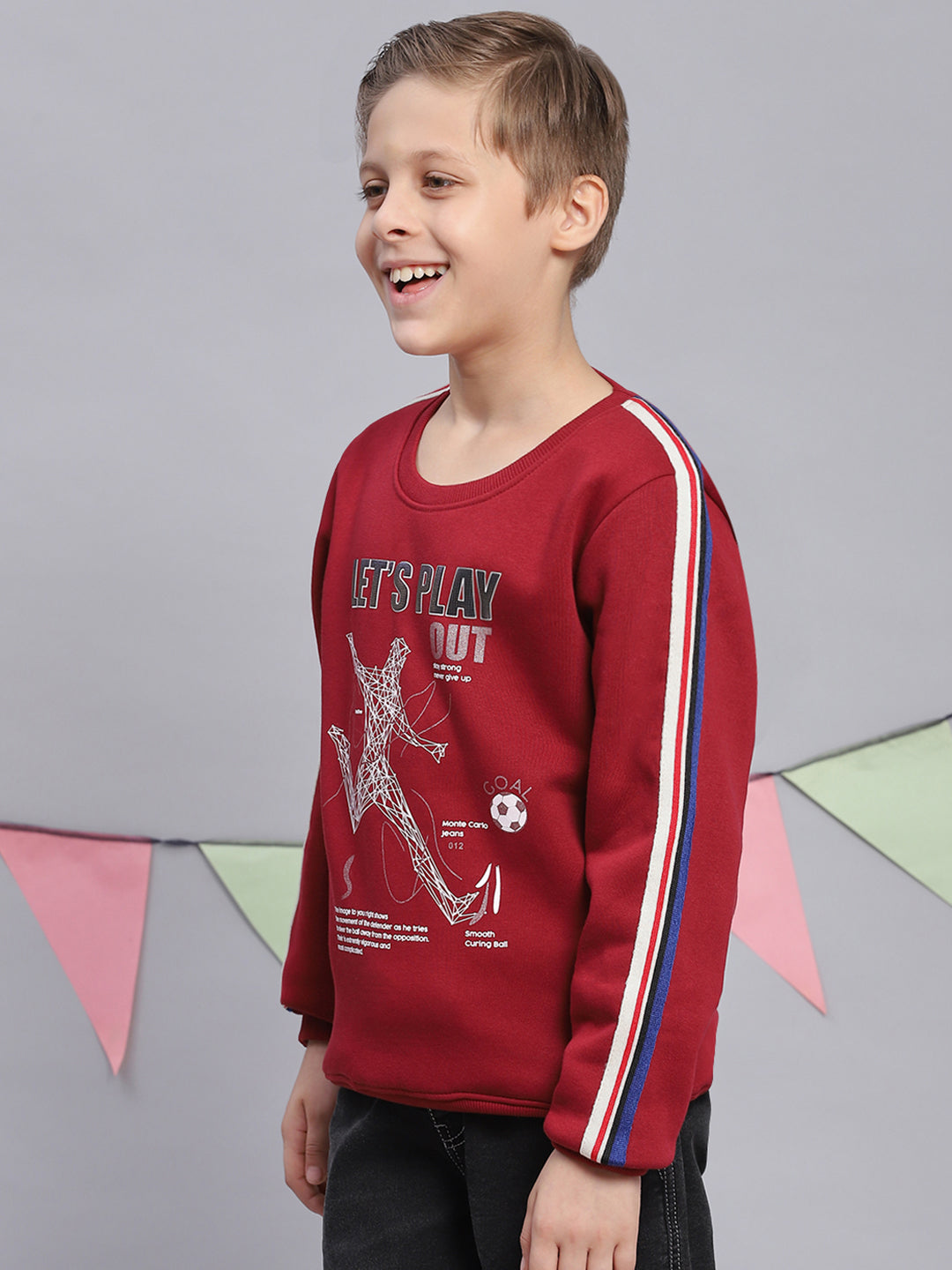 Boys Maroon Printed Round Neck Full Sleeve Sweatshirt