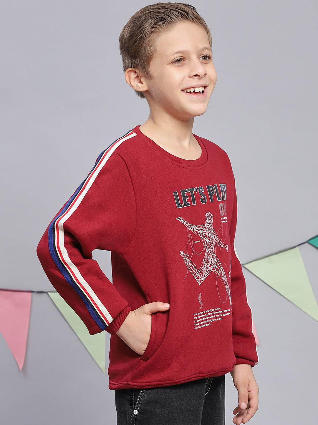 Boys Maroon Printed Round Neck Full Sleeve Sweatshirt