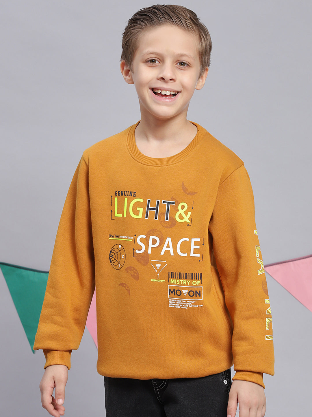Boys Mustard Printed Round Neck Full Sleeve Sweatshirt