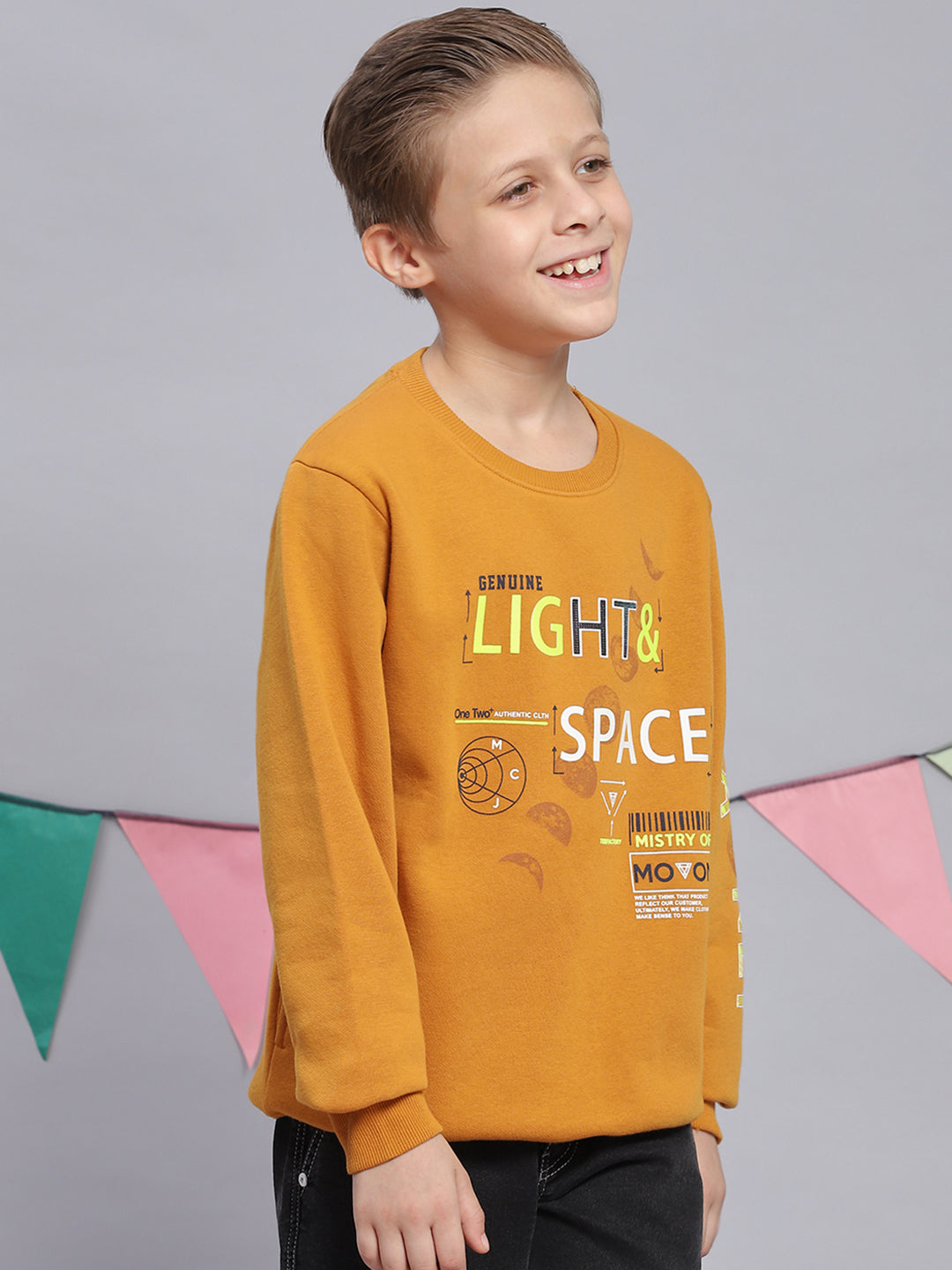 Boys Mustard Printed Round Neck Full Sleeve Sweatshirt