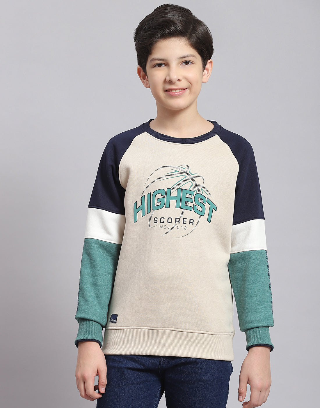 Boys Beige Printed Round Neck Full Sleeve Sweatshirt