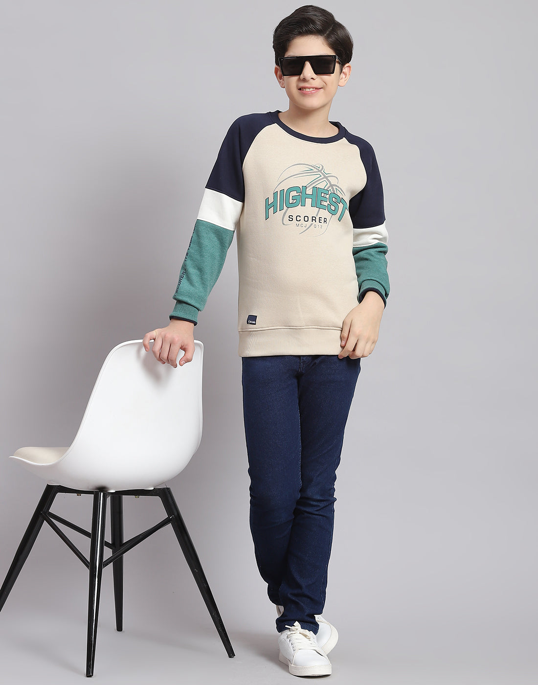 Boys Beige Printed Round Neck Full Sleeve Sweatshirt