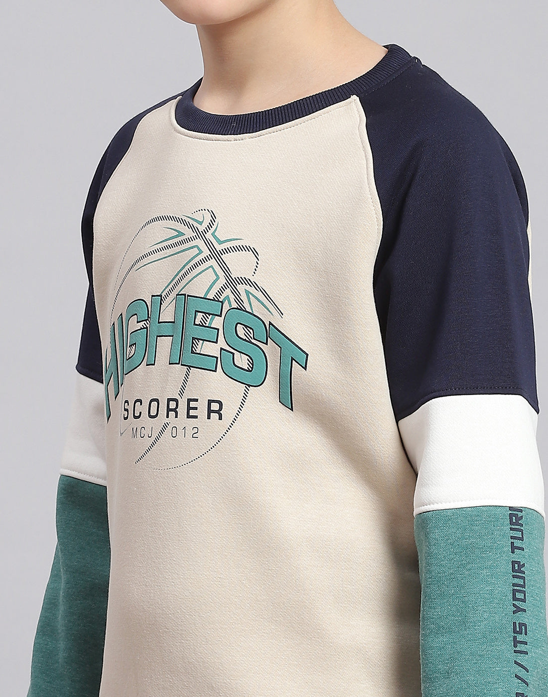Boys Beige Printed Round Neck Full Sleeve Sweatshirt