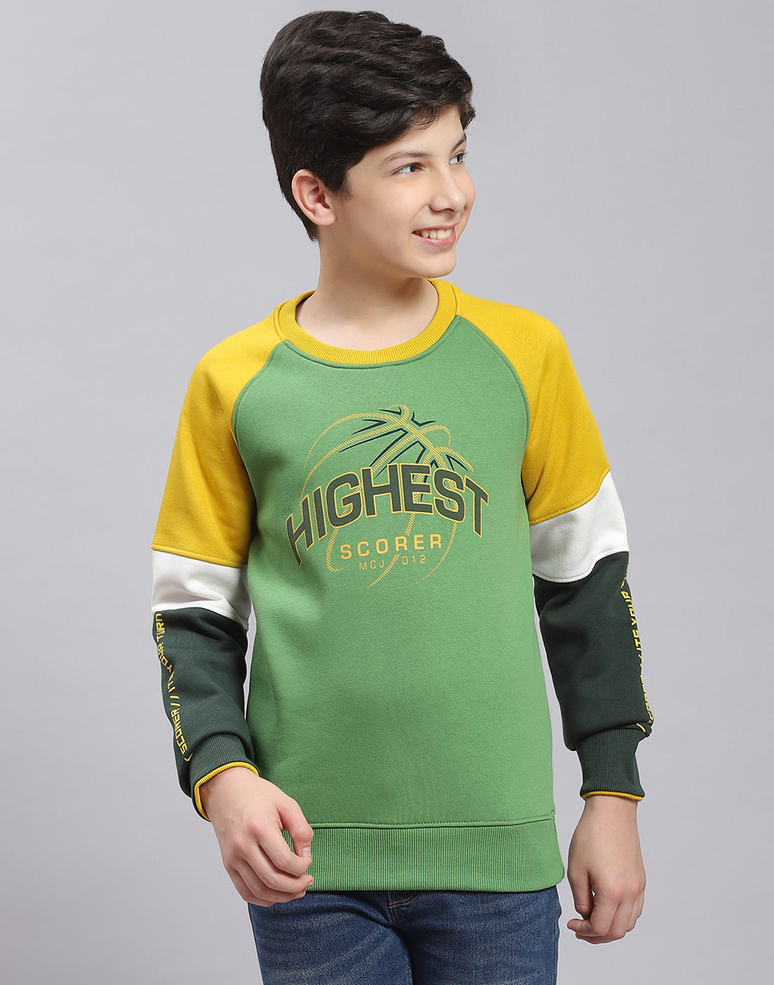 Boys Green Printed Round Neck Full Sleeve Sweatshirt