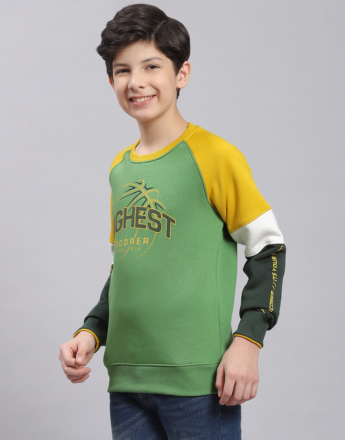 Boys Green Printed Round Neck Full Sleeve Sweatshirt