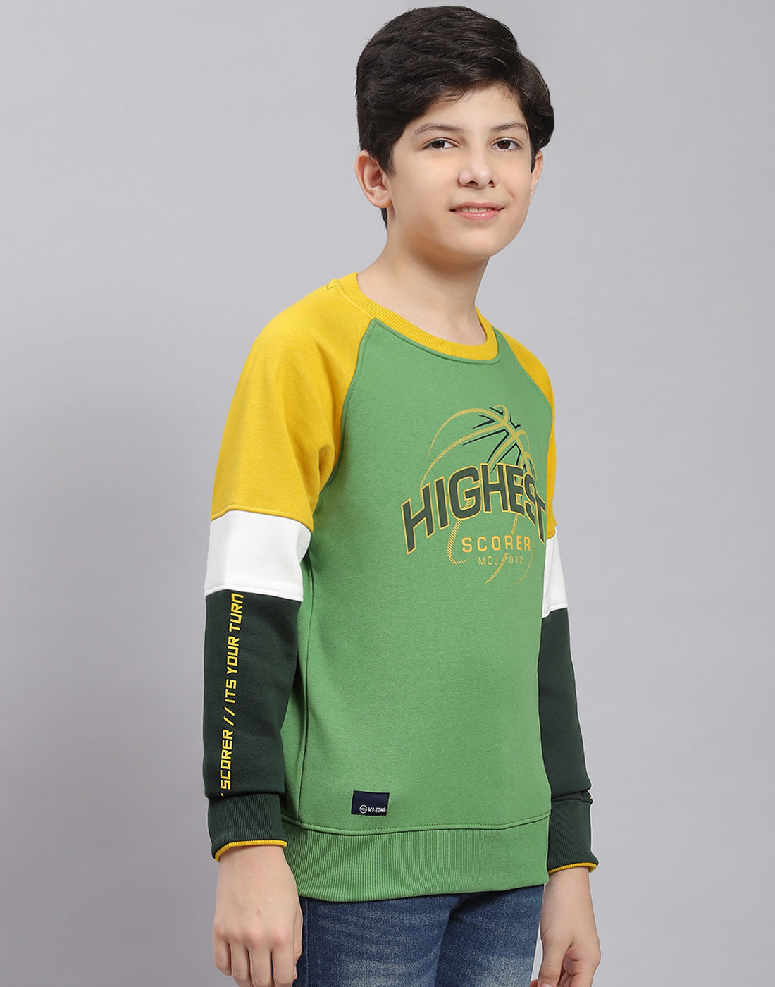 Boys Green Printed Round Neck Full Sleeve Sweatshirt