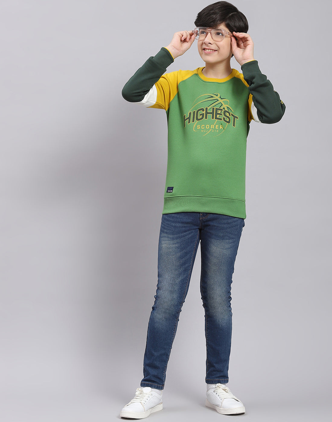 Boys Green Printed Round Neck Full Sleeve Sweatshirt