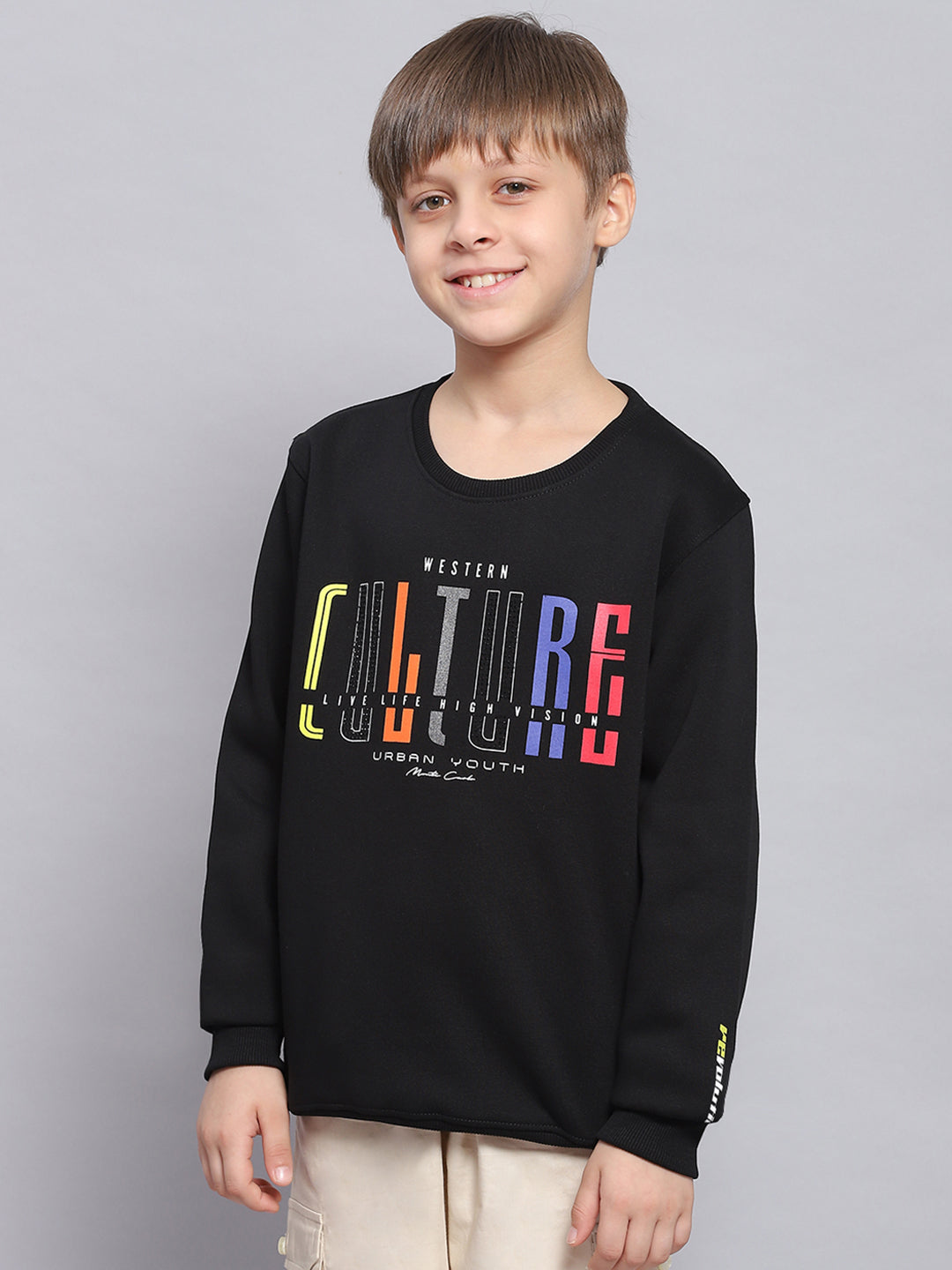 Boys Black Printed Round Neck Full Sleeve Sweatshirt