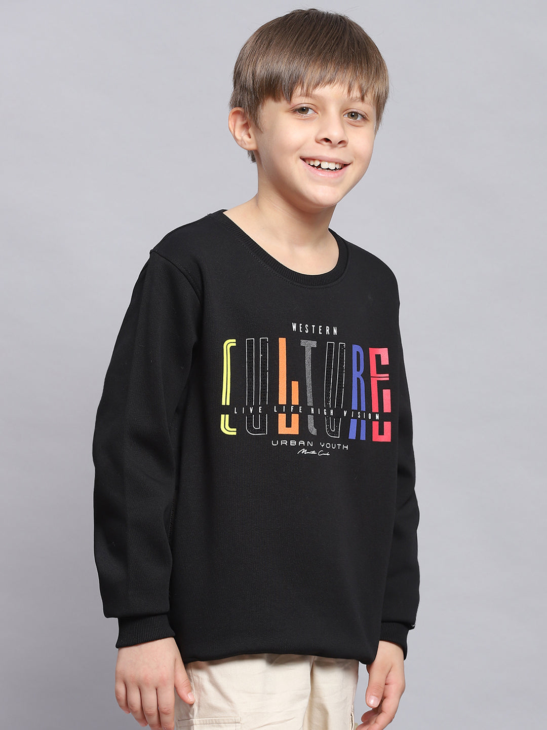 Boys Black Printed Round Neck Full Sleeve Sweatshirt