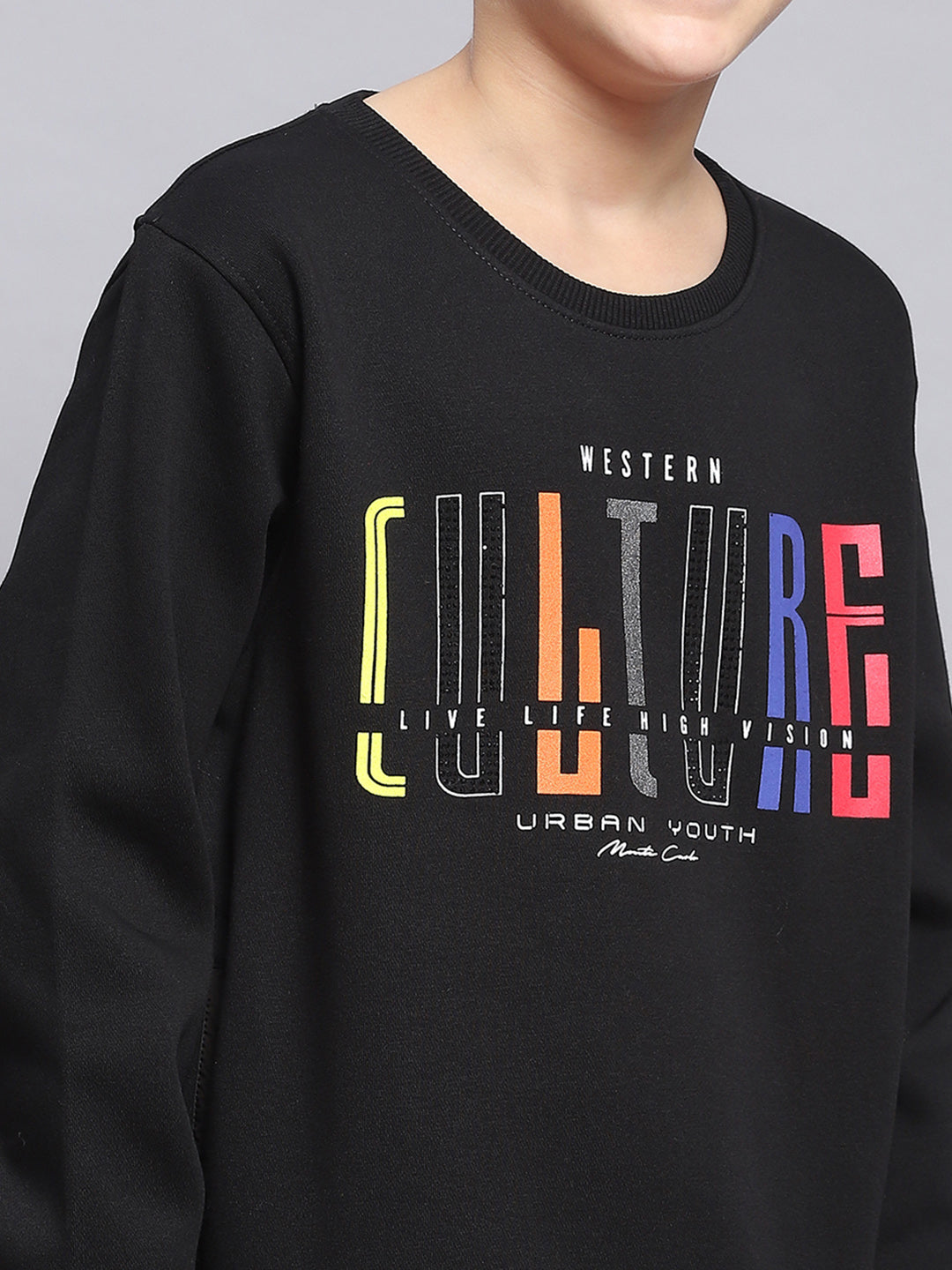 Boys Black Printed Round Neck Full Sleeve Sweatshirt