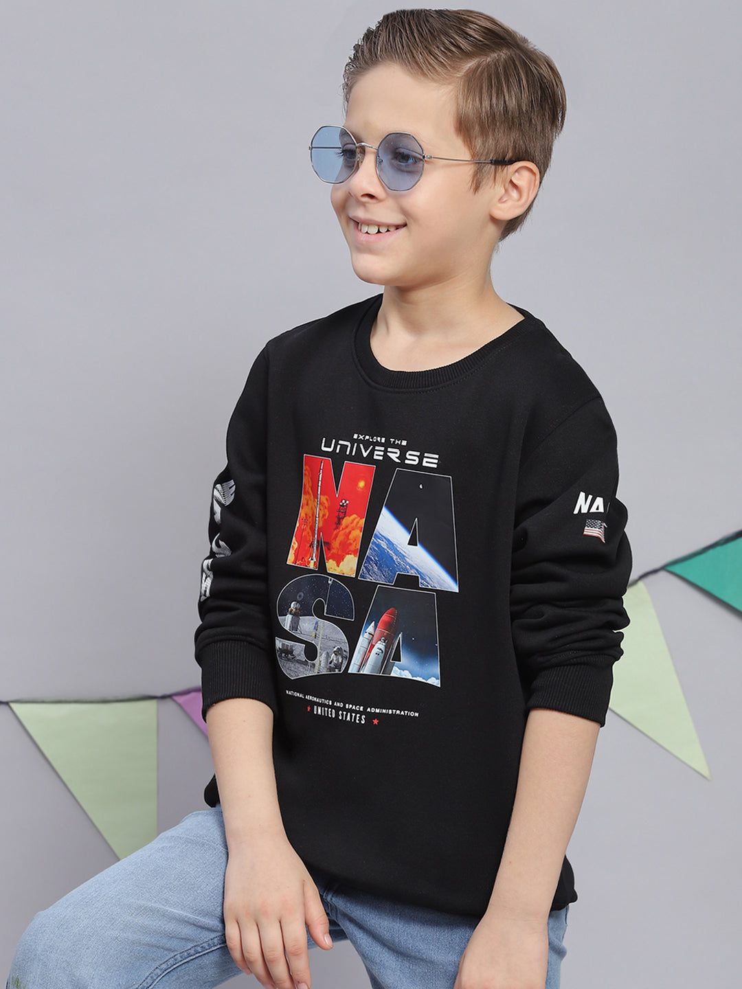 Boys Black Printed Round Neck Full Sleeve Sweatshirt