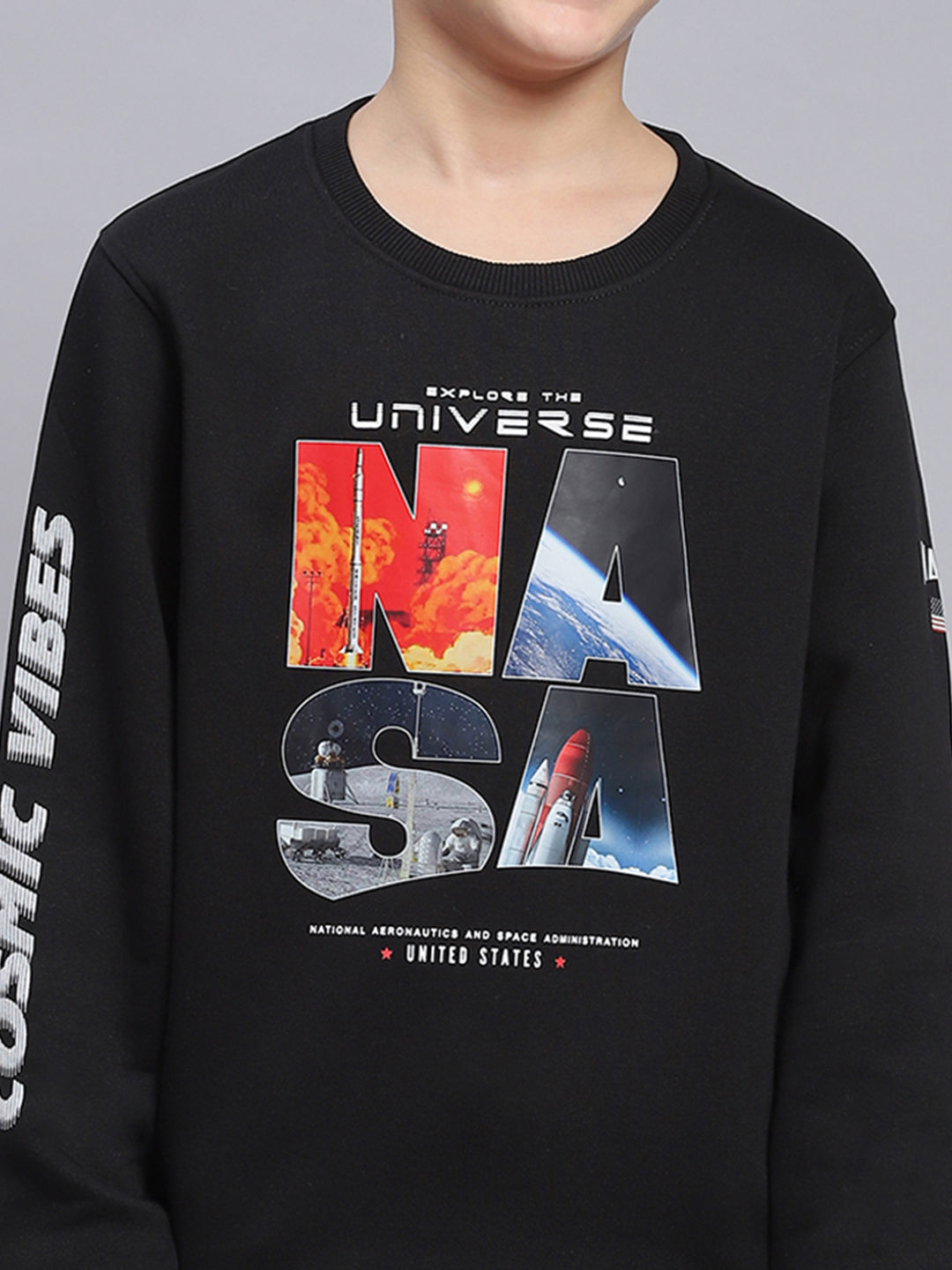 Boys Black Printed Round Neck Full Sleeve Sweatshirt