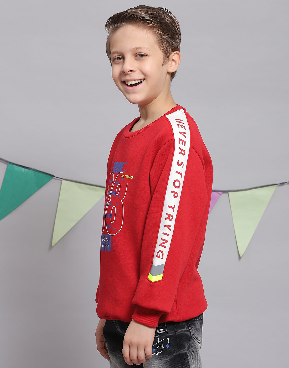 Boys Red Printed Round Neck Full Sleeve Sweatshirt