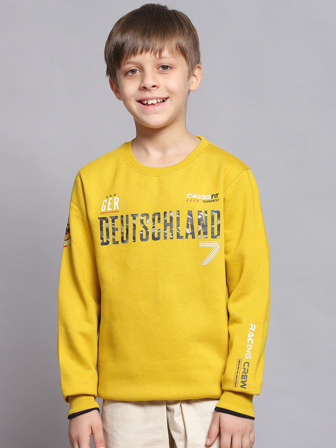 Boys Yellow Printed Round Neck Full Sleeve Sweatshirt