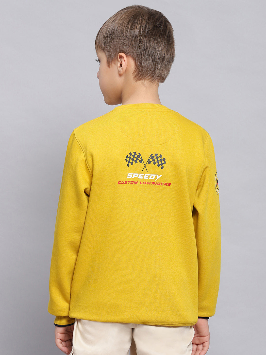 Boys Yellow Printed Round Neck Full Sleeve Sweatshirt