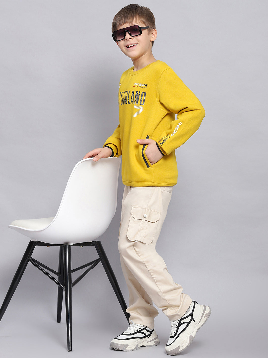 Boys Yellow Printed Round Neck Full Sleeve Sweatshirt