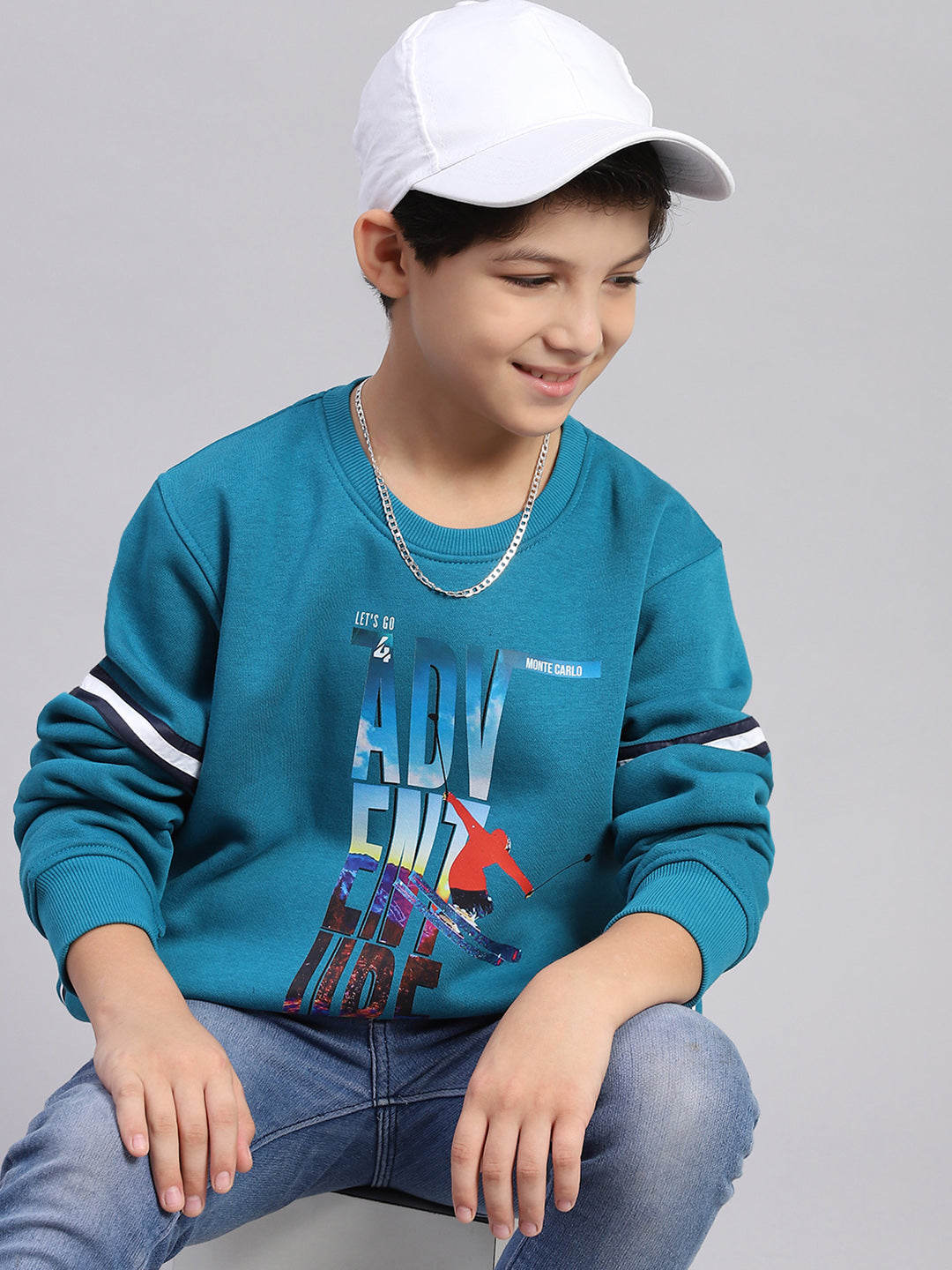 Boys Teal Blue Printed Round Neck Full Sleeve Sweatshirt