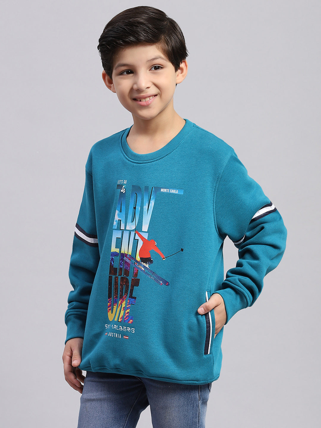 Boys Teal Blue Printed Round Neck Full Sleeve Sweatshirt
