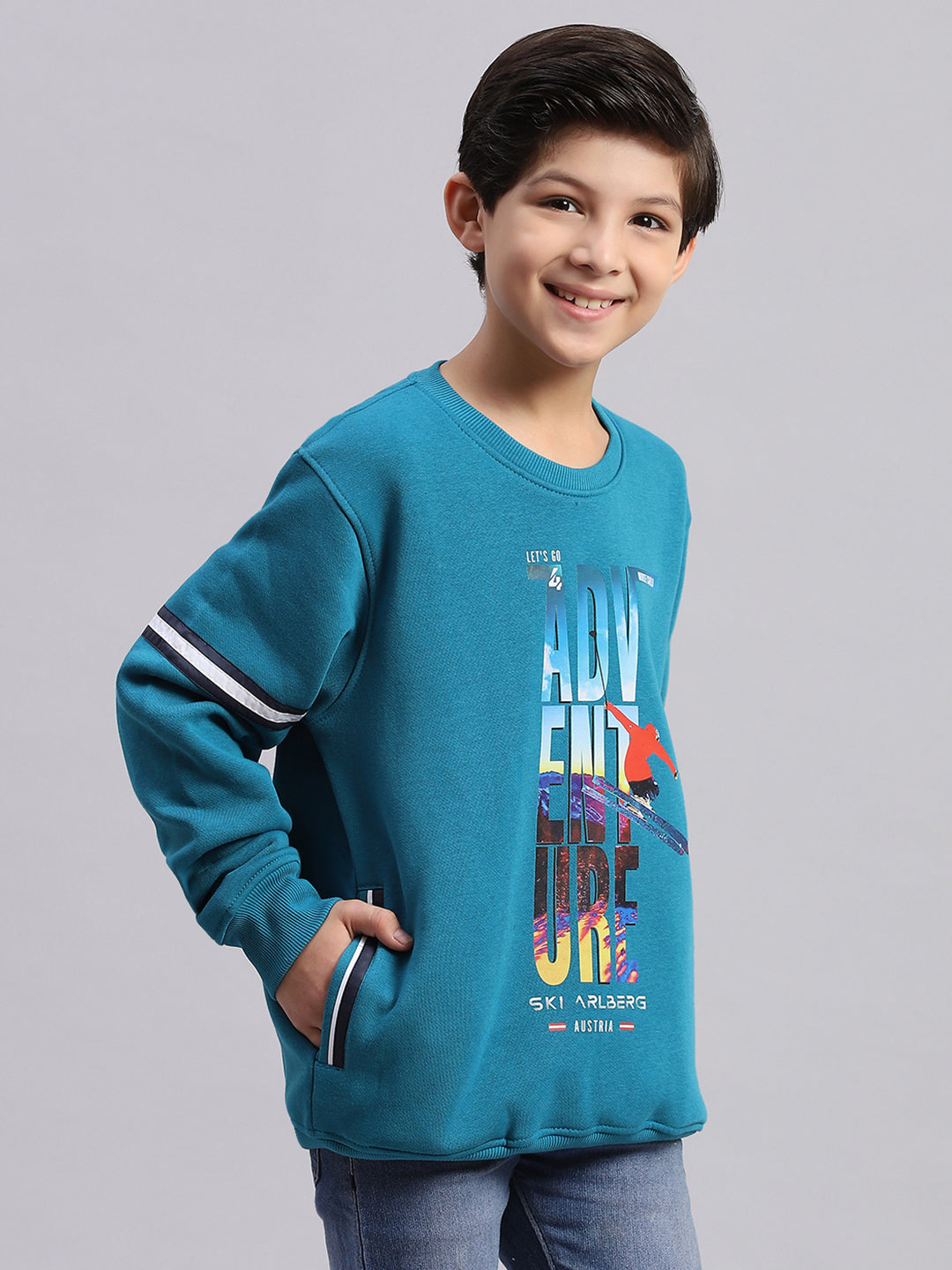 Boys Teal Blue Printed Round Neck Full Sleeve Sweatshirt