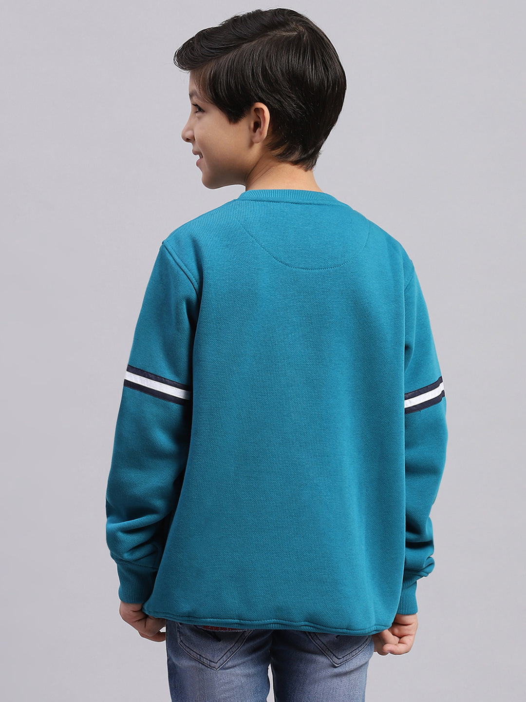 Boys Teal Blue Printed Round Neck Full Sleeve Sweatshirt