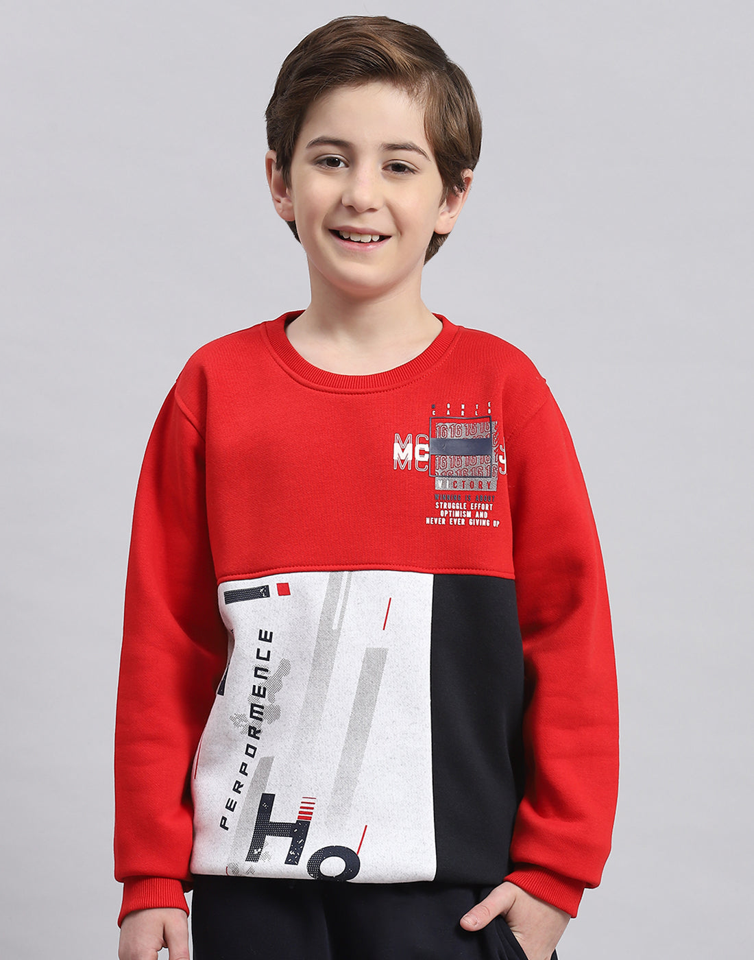 Boys Red Printed Round Neck Full Sleeve Sweatshirt