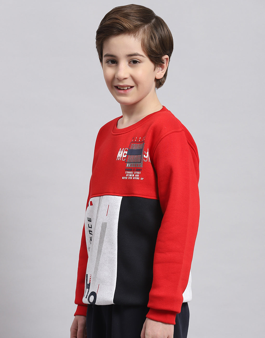 Boys Red Printed Round Neck Full Sleeve Sweatshirt