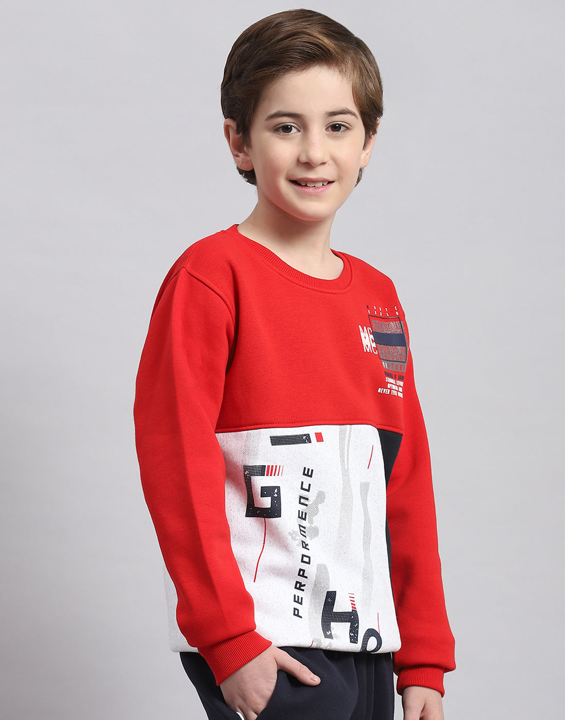Boys Red Printed Round Neck Full Sleeve Sweatshirt