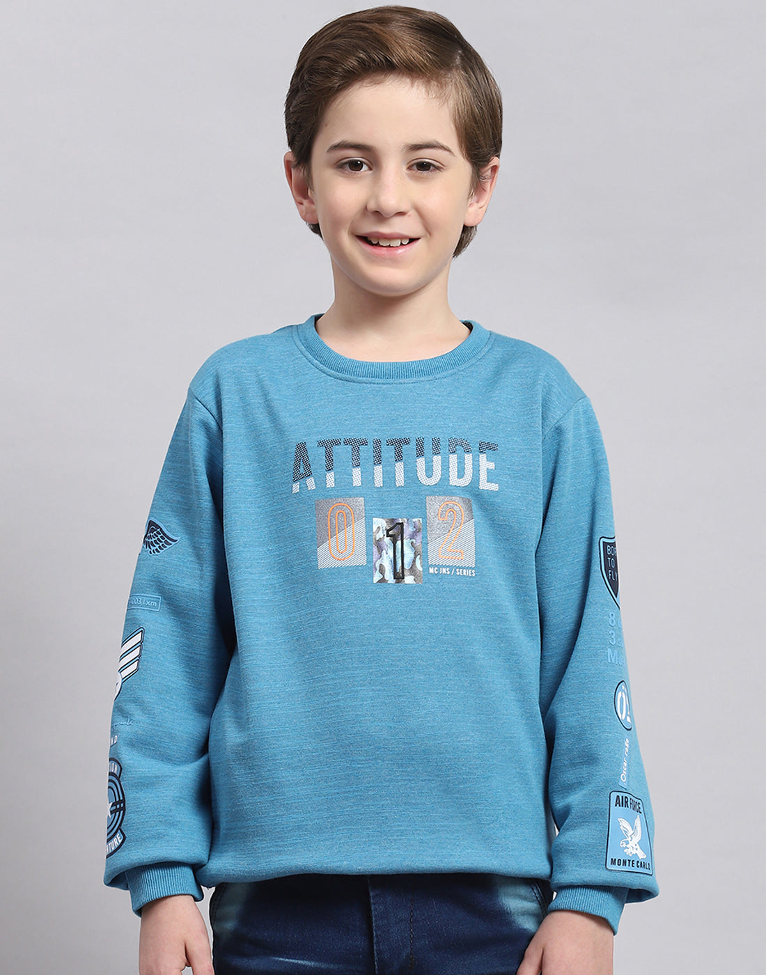 Boys Blue Printed Round Neck Full Sleeve Sweatshirt