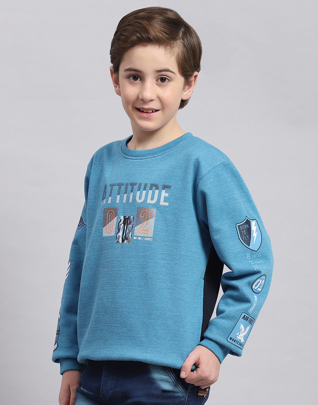 Boys Blue Printed Round Neck Full Sleeve Sweatshirt