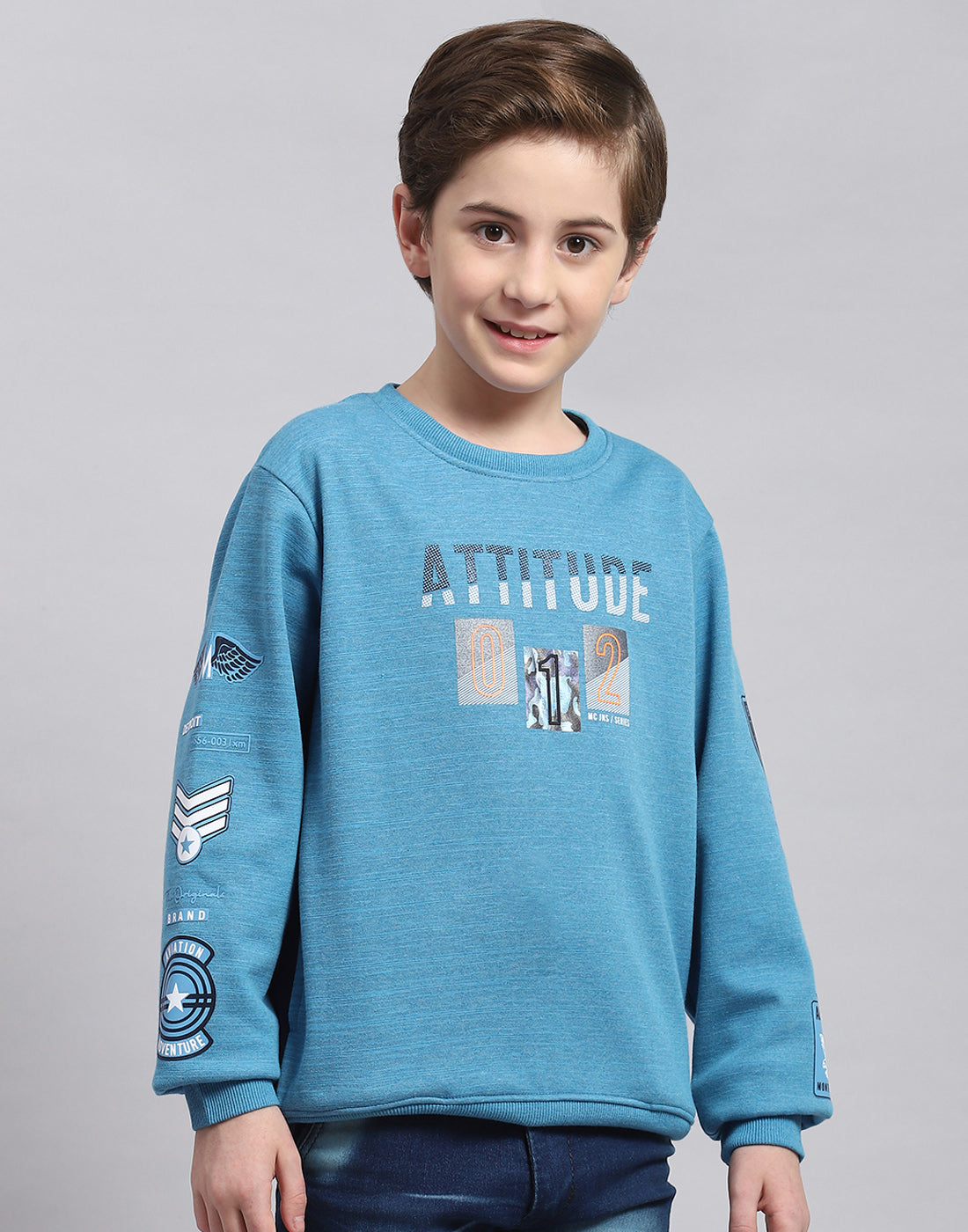 Boys Blue Printed Round Neck Full Sleeve Sweatshirt