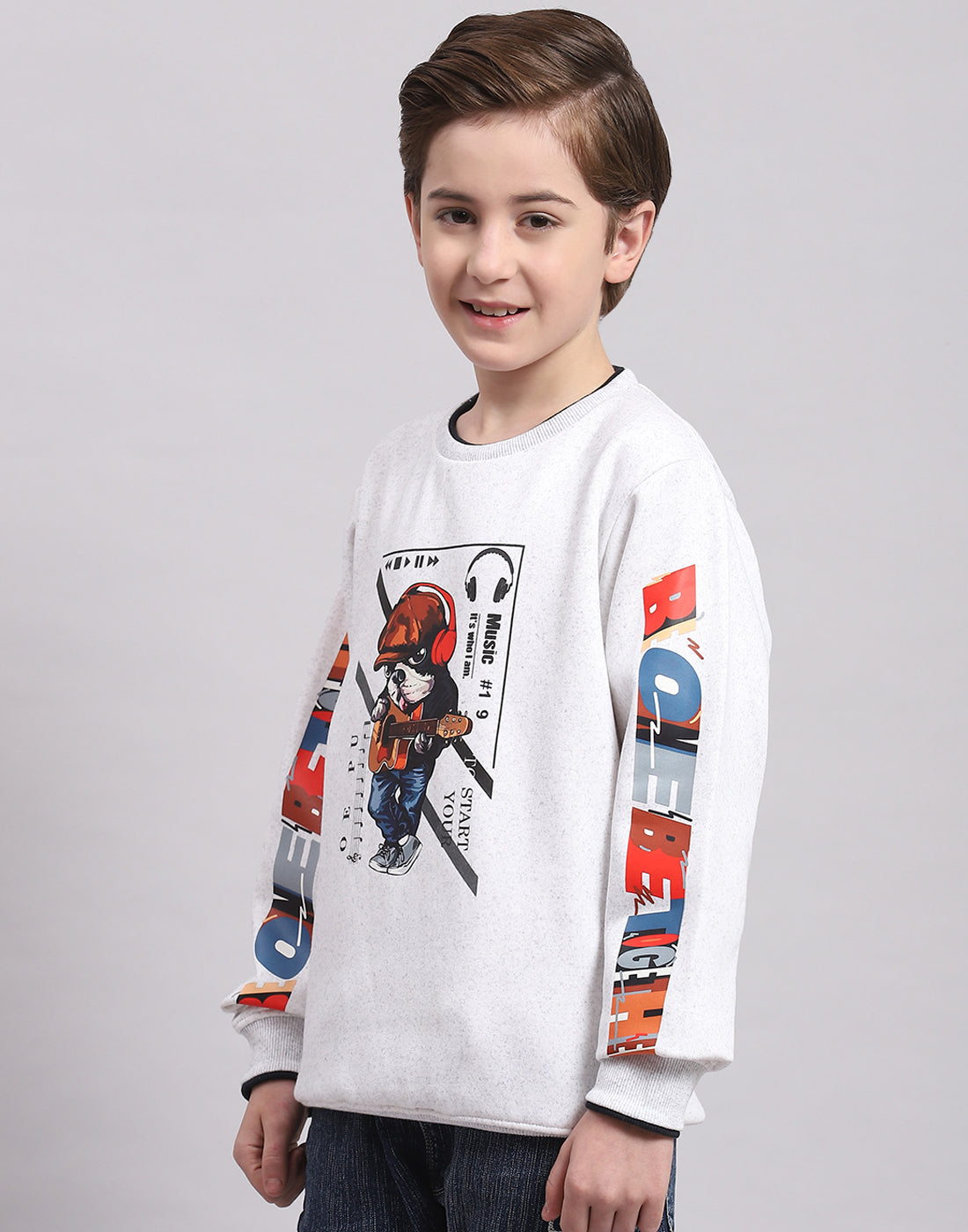 Boys Off White Printed Round Neck Full Sleeve Sweatshirt