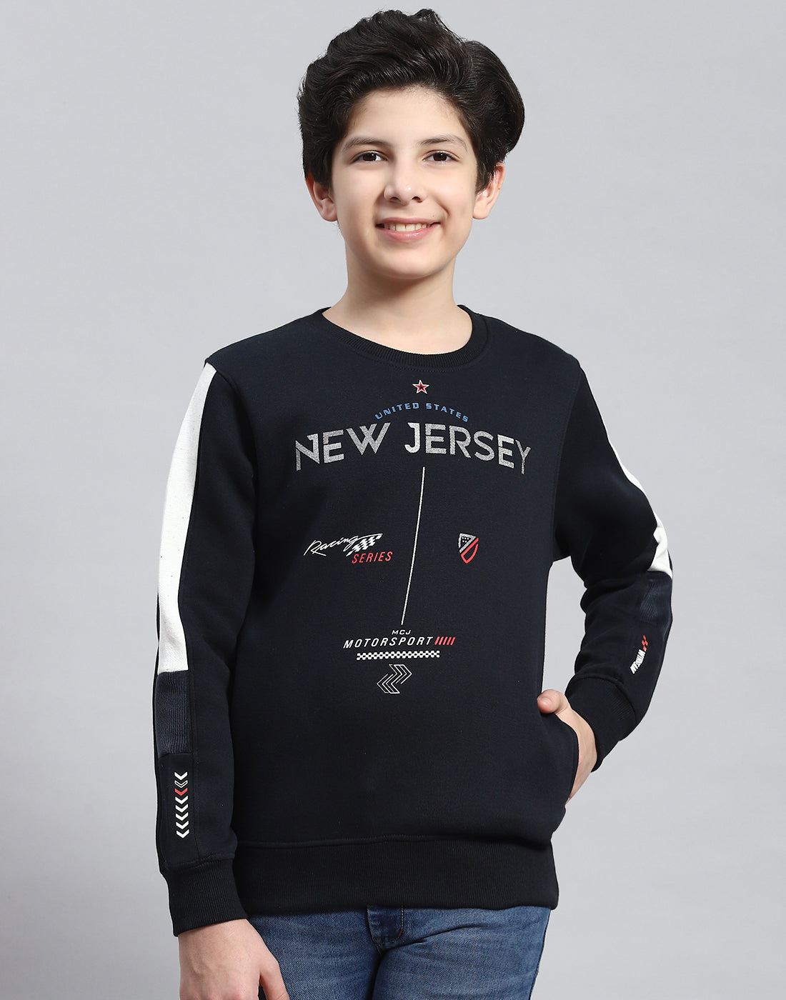 Boys Navy Blue Printed Round Neck Full Sleeve Sweatshirt