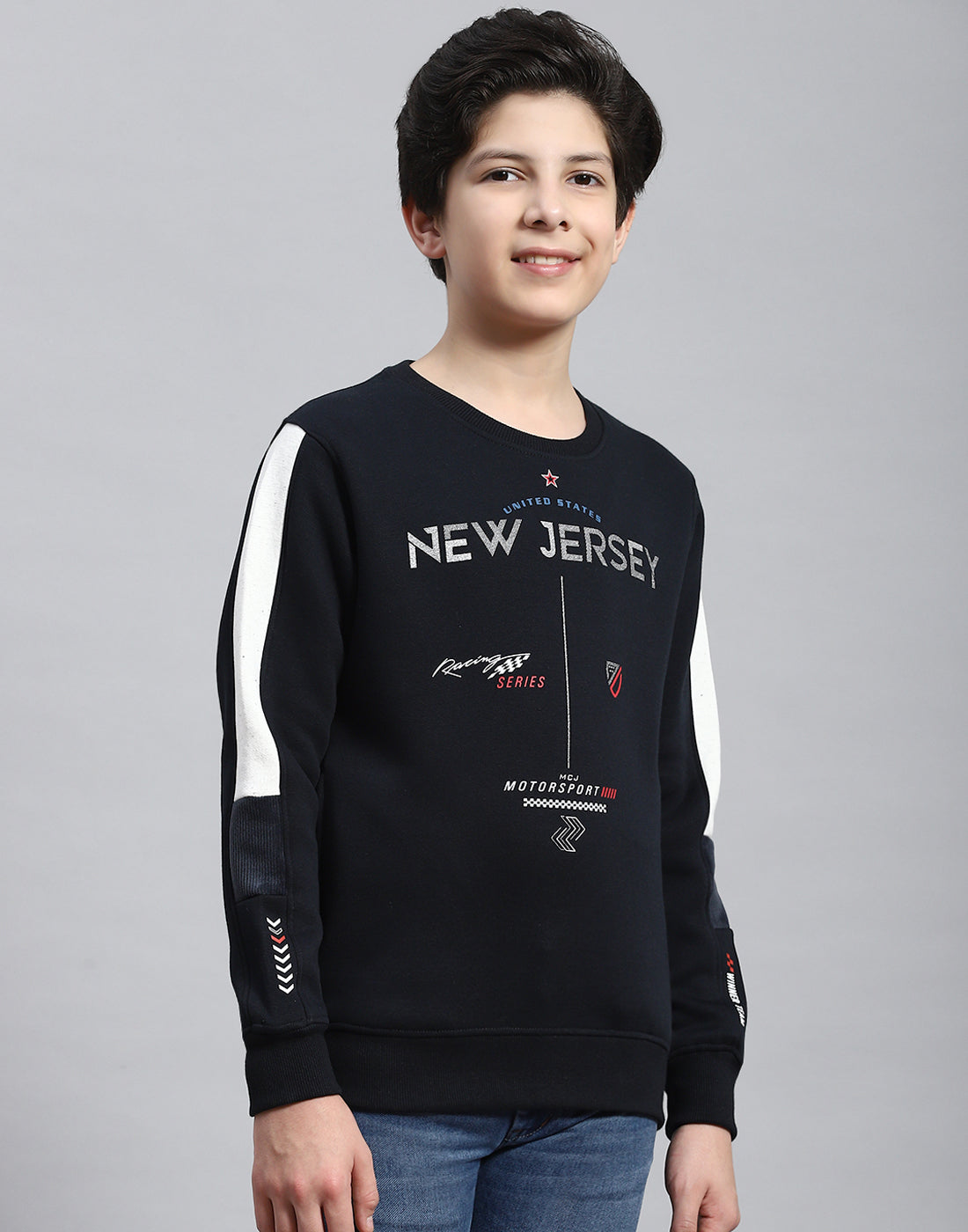 Boys Navy Blue Printed Round Neck Full Sleeve Sweatshirt