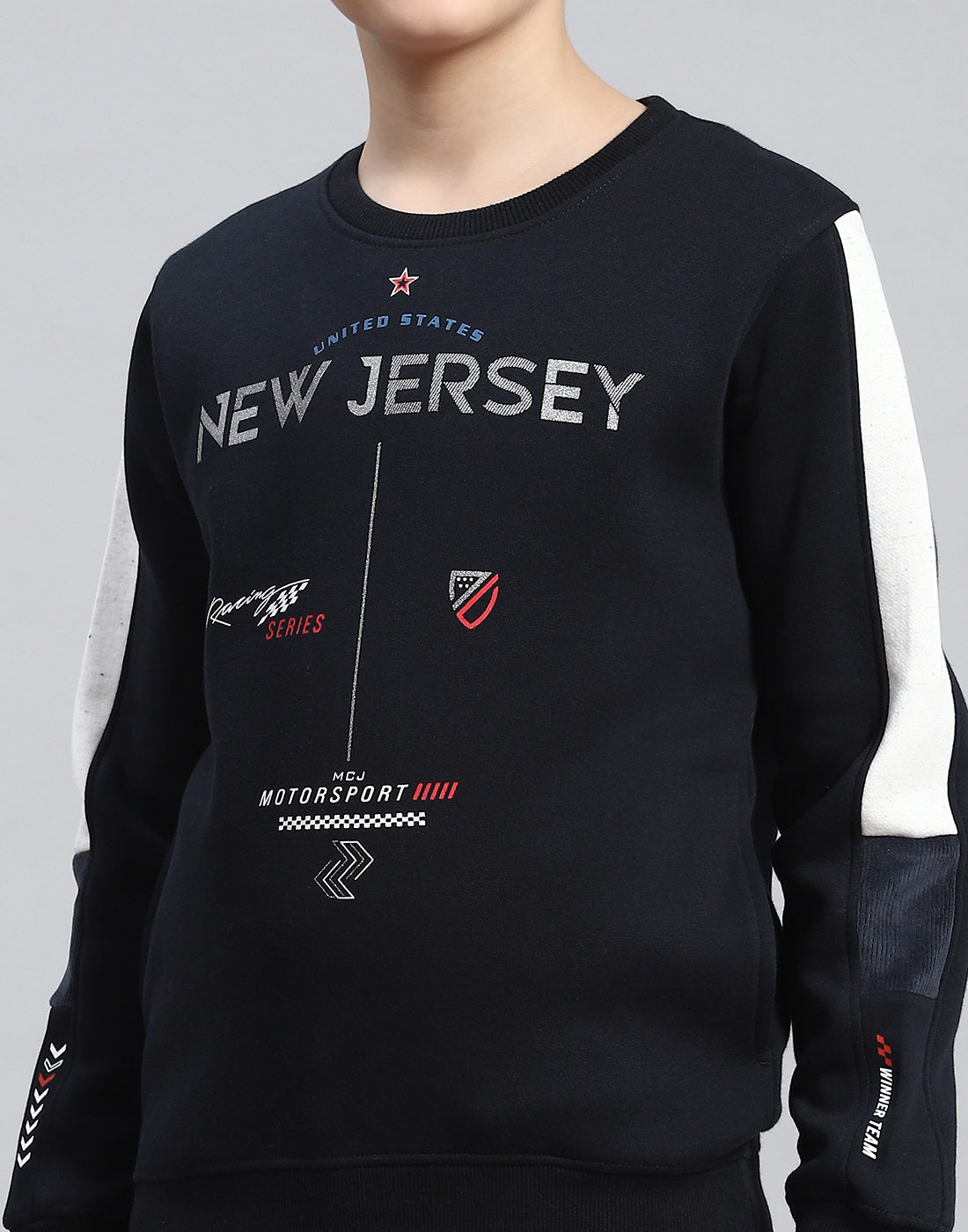 Boys Navy Blue Printed Round Neck Full Sleeve Sweatshirt