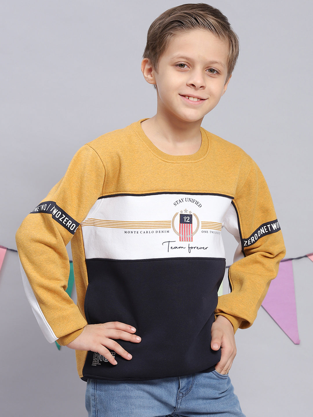 Boys Mustard Printed Round Neck Full Sleeve Sweatshirt