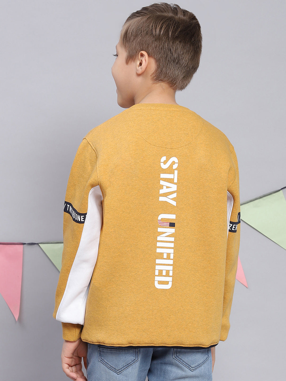 Boys Mustard Printed Round Neck Full Sleeve Sweatshirt