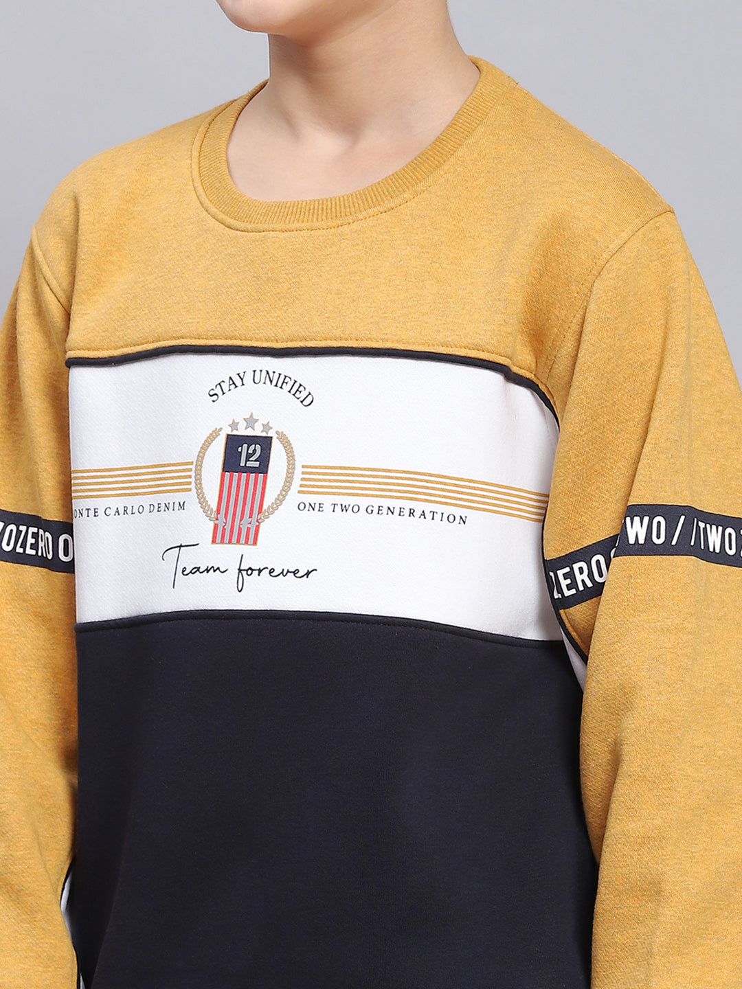 Boys Mustard Printed Round Neck Full Sleeve Sweatshirt