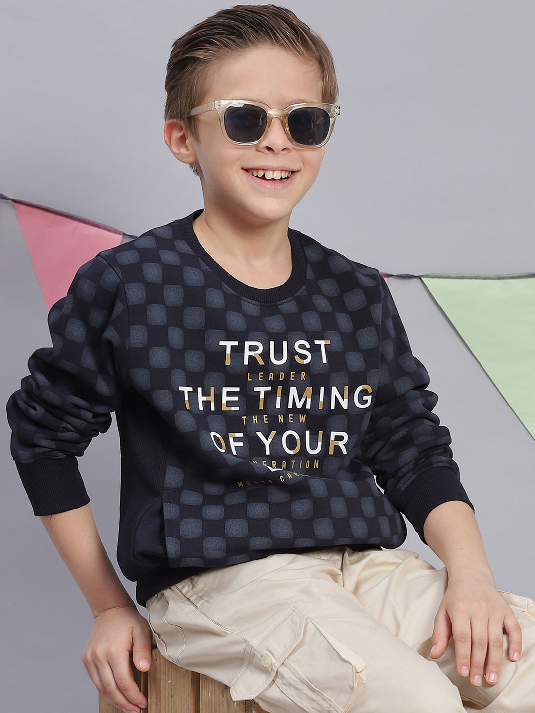 Boys Navy Blue Printed Round Neck Full Sleeve Sweatshirt
