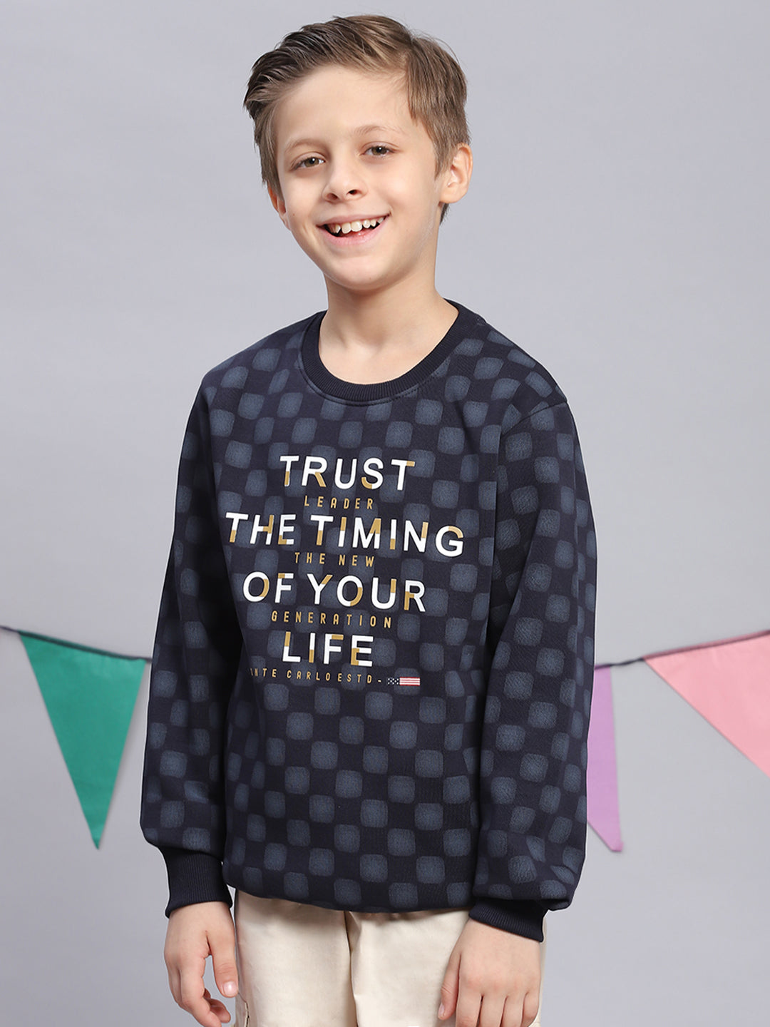 Boys Navy Blue Printed Round Neck Full Sleeve Sweatshirt
