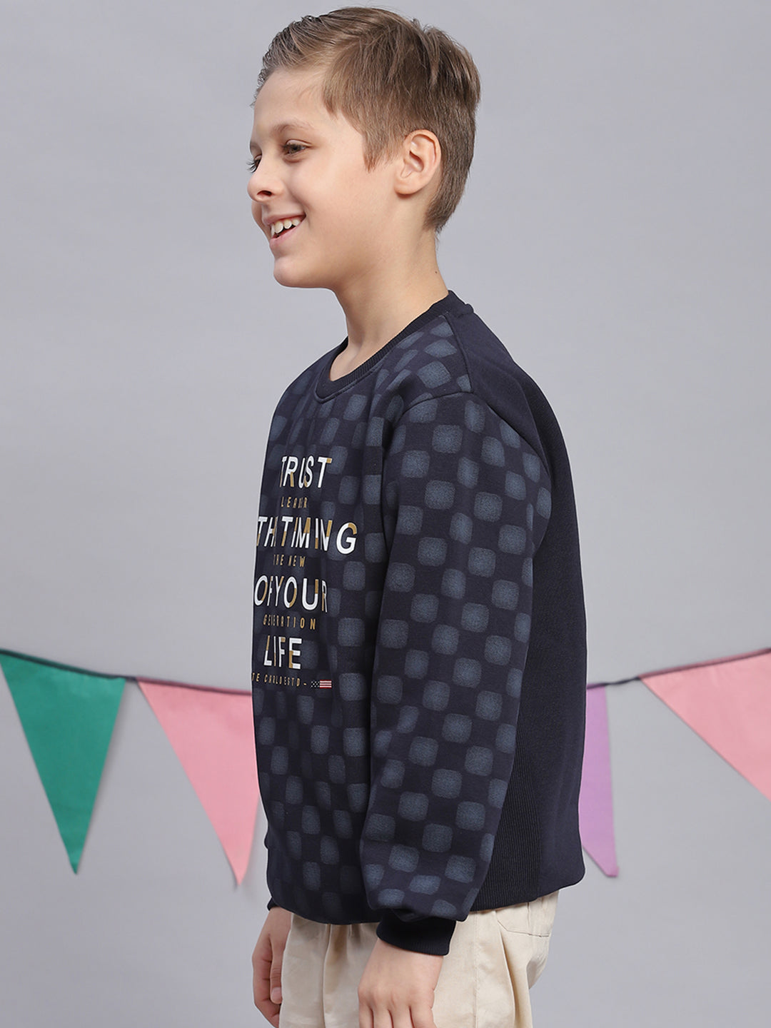 Boys Navy Blue Printed Round Neck Full Sleeve Sweatshirt