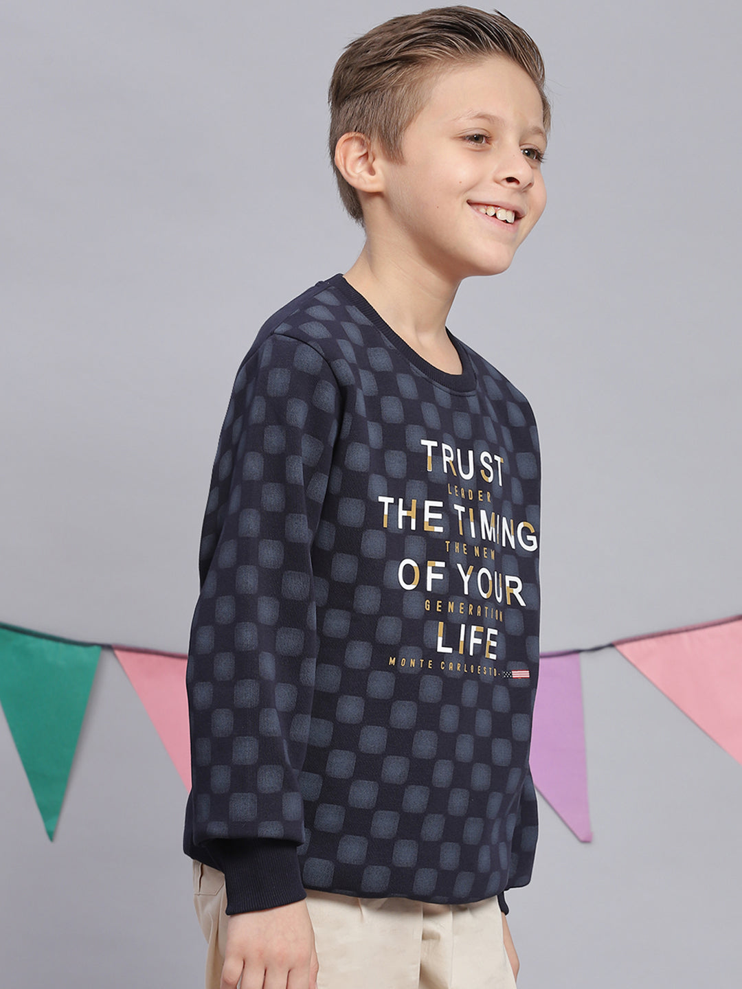 Boys Navy Blue Printed Round Neck Full Sleeve Sweatshirt