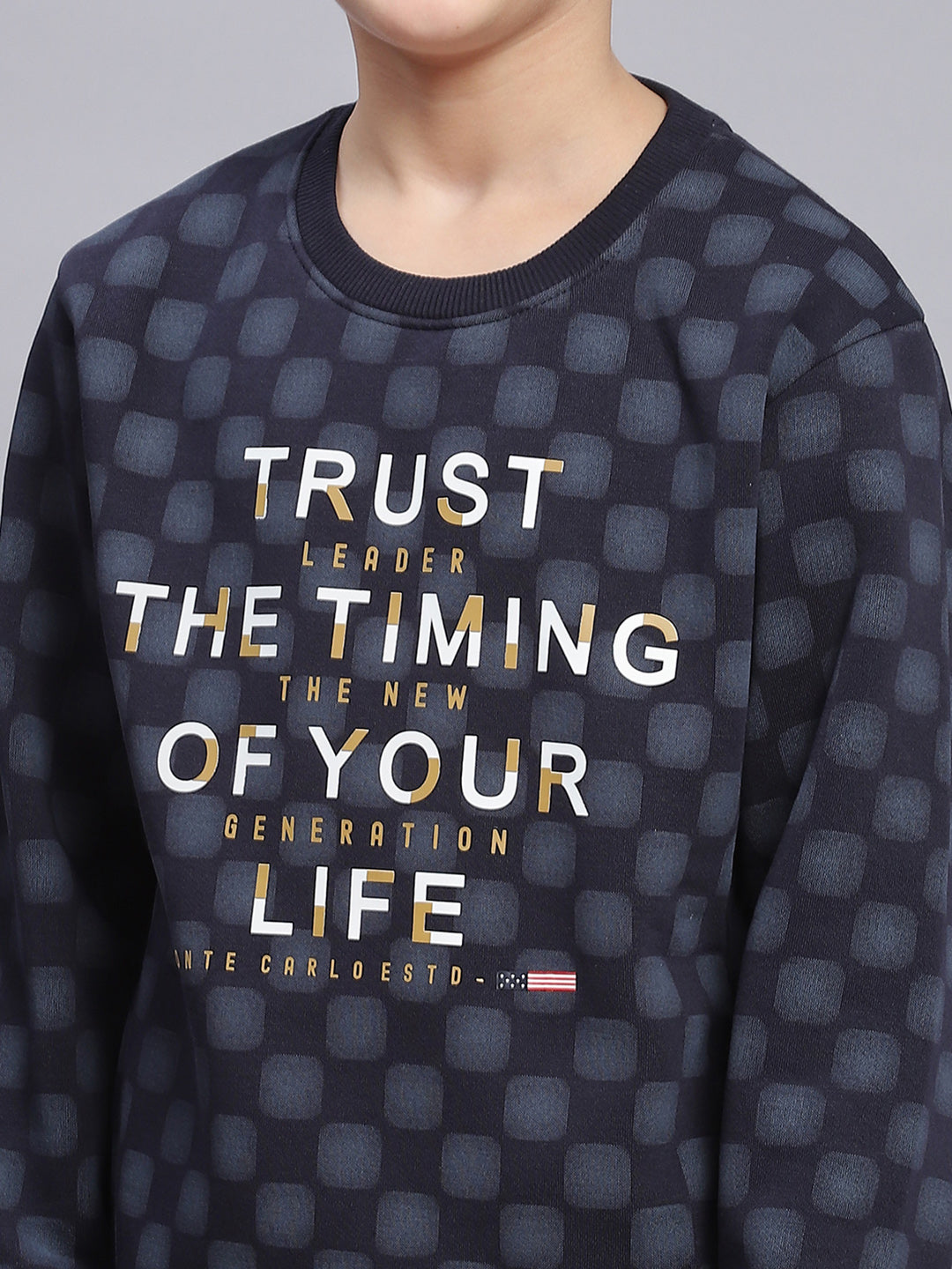 Boys Navy Blue Printed Round Neck Full Sleeve Sweatshirt