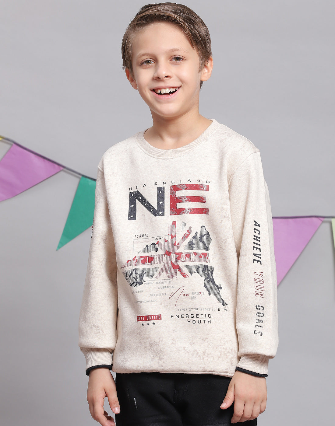 Boys Pink Printed Round Neck Full Sleeve Sweatshirt